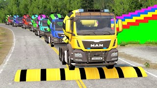 Double Flatbed Trailer Truck vs speed bumps|Busses vs speed bumps|Beamng Drive|BEAMNG4K