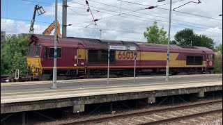 66039 passing Biggleswade on an empty steel freight (with a Volker Rail machine in tow) - 24/07/20