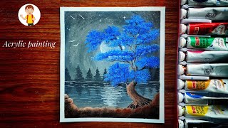 Painting With Acrylic - Moonlight night scenery painting | Beautiful Blue Tree Painting #shorts