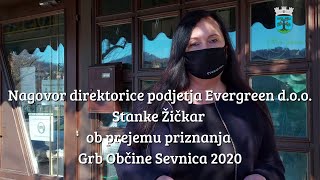 Nagovor direktorice podjetja Evergreen d.o.o. Stanke Žičkar ob prejemu občinskega priznanja