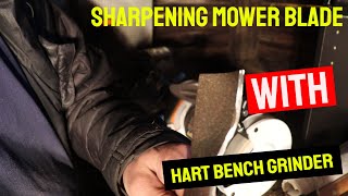 Sharpening mower blade with Hart Bench Grinder