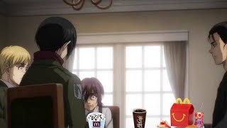 eren, mikasa and armin have a friendly chat over brunch and gabi is mcloving it