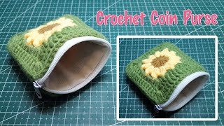 How to Crochet Mini Sunflower Granny Square Coin Purse with Lining | Easy Tutorial for Beginners