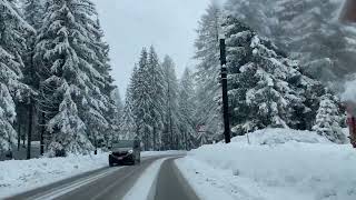 Scenic Snow Winter Drive En Route to Cortina d‘Ampezzo Italy.Mountain Pass