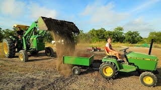 Using tractors to dig dirt and load into kids tractor trailer | Tractors for kids