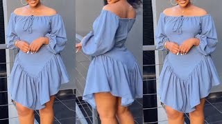 HOW TO MAKE AN OFF SHOULDER TIE FRONT V SHAPE RUFFLE HEM DRESS (Cutting & Stitching)