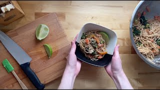 peanut ginger noodles with roasted broccoli, bell pepper, and carrots