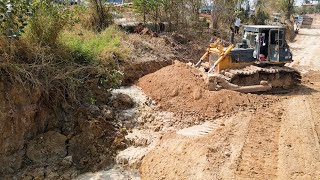 Great Job Heavy Bulldozer Working push dirt for build New road/dump truck unloading soil Landfilling