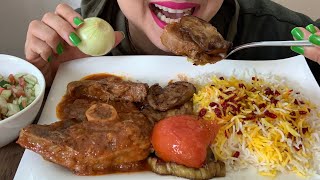 Asmr eating lamb steak stew with eggplant & rice, onion, salad|موکبانگ خورشت گوشت ‌‌بادمجون با سالاد