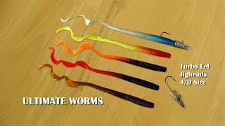 Ultimate worms unique one piece jelly worm with superflex tail plus Turbo Eel Jigheads