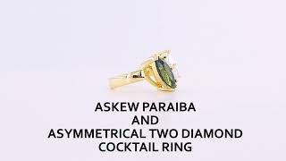 YELLOW GOLD ASKEW PARAIBA AND ASYMMETRICAL TWO DIAMOND COCKTAIL RING BY GEMRIZE