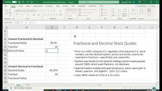 Fractional and Decimal Stock Quotes in Excel