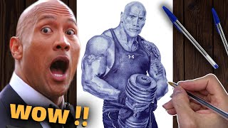 نقاشی هایپررئال چهره راک با خودکاربیک آبی | drawing the rock (Dwayne Johnson) with pen