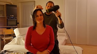 ASMR hair dryer sound  Cuddling my wife by drying her hair  Happy sleep!