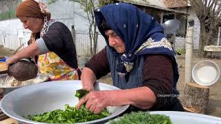 CAUCASIAN ELDERLY GRANDMA COOKING GREENS FROM HER GARDEN! RURAL COUNTRY LIFE FAMILY PILAF IN TANDOOR