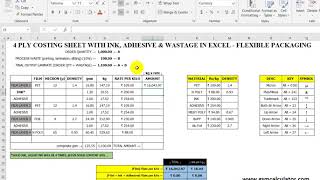 4 PLY CALCULATION AND COSTING SHEET WITH INK, ADHESIVE & WASTAGE IN EXCEL   FLEXIBLE PACKAGING