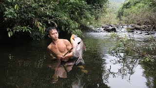 Primitive Technology - Finding Fish in water - Cooking eating delicious