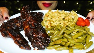 ASMR BBQ Turkey Wings | Turkey Wings, Stuffing, Seasoned Green Beans | Eating Sounds | No Talking