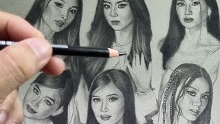 Easy SHADING! Quick Pencil Drawing 8 Girls using Charcoal Pencil- BINI