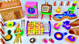 DIY How to make polymer clay miniature House, Kitchen Set, Hand pump, Television, Air Cooler,Village