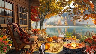 Serene Autumn Lakeside Porch | Cozy Fire,Fall Colors, & Peaceful Nature Ambience w/ Swan by the Lake