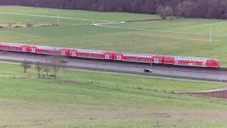 RB22 fährt nach Limburg(Lahn) mit 5. Doppelstockwagen, der 4. Generation und einer BR 143