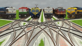 6 INDIAN TRAINS CROSSING AT BUMPY FREIGHT RAILROAD TRACKS | Train Simulator | Railroad Crossing