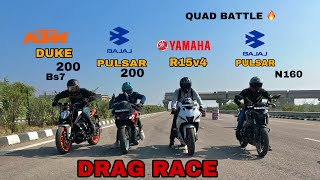 ktm duke 200 bs7 vs Yamaha R15 v4 vs Bajaj pulsar rs 200 vs Bajaj pulsar n160 | quad battle 😱