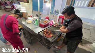 Disabled man sells grilled squid - His sauces very delicious, Street Food Cambodia