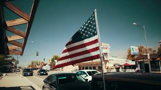 American flag in a town