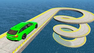 Impossible Spiral Bridge Crossing Stunt Cars Vs Cliff and Deep Water - BeamNG.Drive