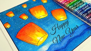 Happy new year drawing very easy | Happy new year 2022 drawing | New Year drawing using oil pastels