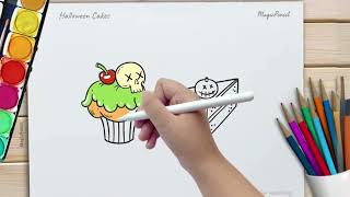 How to Draw Halloween Cupcake and Pumpkin Cake Slice