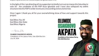 OLUMIDE AKPATA RESIGNS LABOUR PARTY GOVERNORSHIP CANDIDATE IN EDO STATE