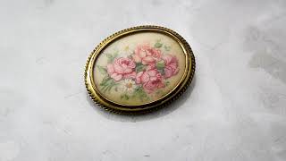 Vintage 1950s Handpainted Flower Bouquet Floral Rose Brooch Pin, Gold Filled, Exquisite Jewelry