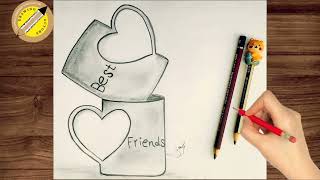 Friendship day drawing❤ / Best Friend drawing on Cup - Pencil sketch / Heart shape Cup Drawing