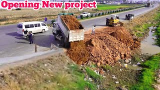 Opening Started New Project The Work Dump Truck5 T,Pouring Soil Into Field Land Bulldozer Dozer D31P