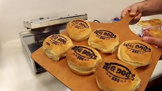 Hamburger bun branding machine, Big Dog BBQ logo