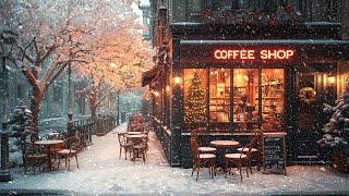 Nightly Snow on Coffee Shop Porch with Jazz & Wind Sounds for Relax & Cozy Moments