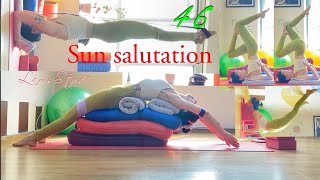 Sun ☀️ Salutation number 46 by Lam | Props: 03 blankets, 02 blocks, 03 bolsters, 02 belts & a wall