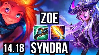 ZOE vs SYNDRA (MID) | 6 solo kills, 1600+ games, Legendary, 9/2/2 | EUW Master | 14.18