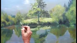 Pintar paisaje natural  al oleo- Arboles y rio( parte 5)