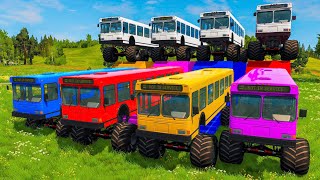 PAINT 4 MONSTER BUS VS GIANT COLOR WATER SLIDE - Monster Trucks with Long Slide Game - BeamNG Drive