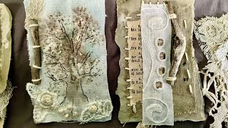 Naturinspiration;  embroided clusters, stitched down sticks and watercolor print with leafs.