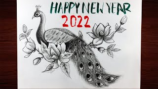 Happy New Year Card 2022 - Peacock with Flower Drawing