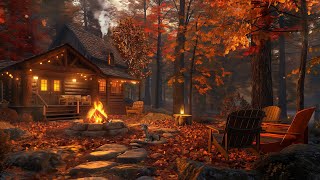 Cozy Autumn Cabin Evening: Warm Fire, Falling Leaves, and Tranquil Forest Vibes by the Campfire