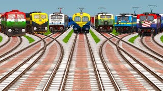 7 INDIAN TRAINS CROSSING ON 3D BUMPY DIAMOND RAILROAD🔺TRACKS | Indian Train Crossing 3d Game