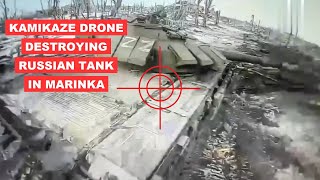 Destruction of the Russian tank by a kamikaze drone in Marinka, Ukraine vs Russia war video footage