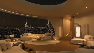 City Rain Jazz Retreat - 4K Serene Atmosphere in a Sophisticated Living Room with Nighttime Views 🎵