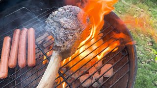 Baseball Bat Steak (Grilled Tomahawk Ribeye Steak) on Charcoal Grill